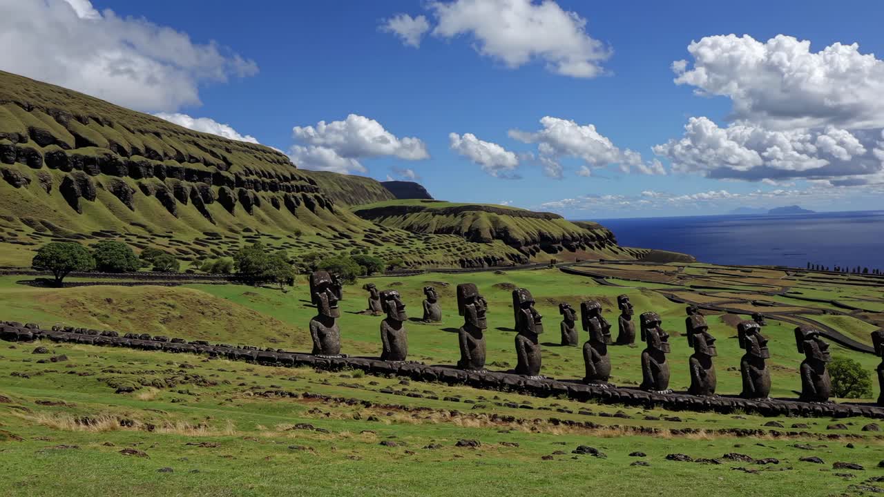 Un'inquadratura grandangolare cattura iconiche statue di pietra su una collina erbosa sotto un cielo vivace.