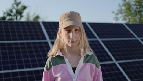 portrait of a teenage girl against the background of solar panels at a home power plant