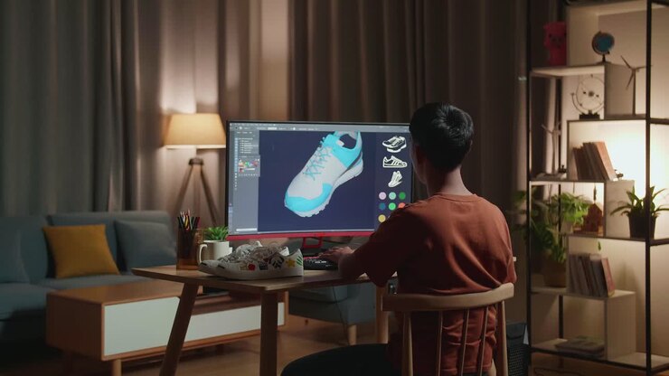 Persona che progetta scarpe al computer a casa