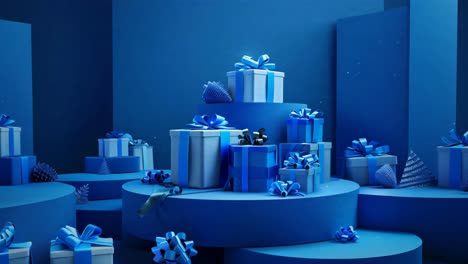 blue christmas gifts on podiums