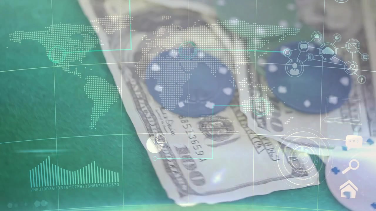 Banconote da 100 dollari impilate e fiches da poker che si spostano mentre la telecamera esegue una panoramica, con HUD che si anima per mostrare dati finanziari.