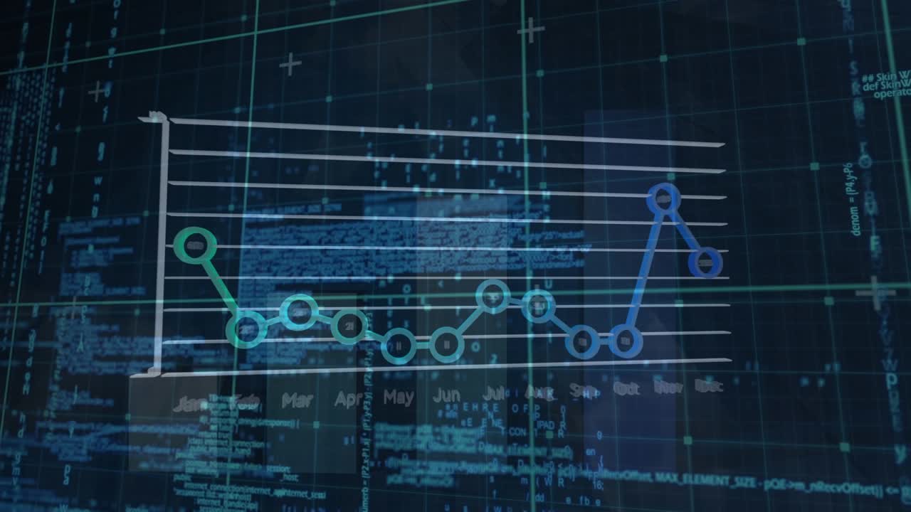 Animation of data processing with graph over black background