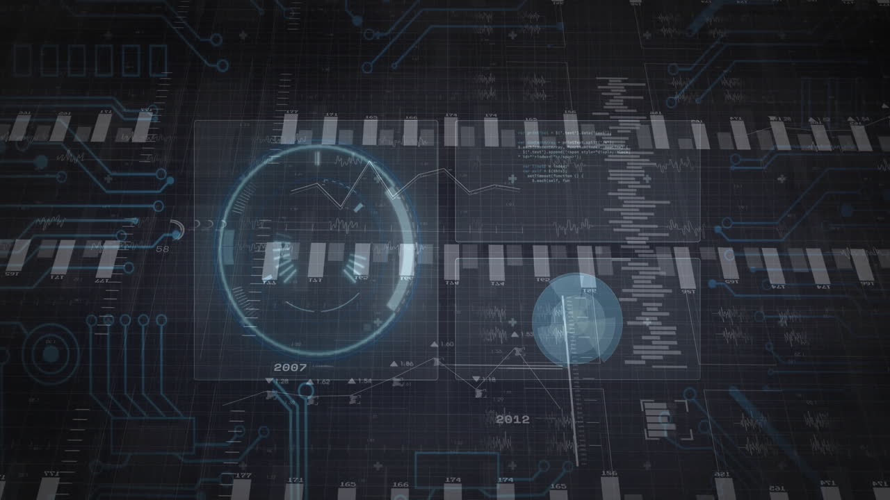 Circular gauge display showing realtime data, floating over dark grid with bar chart panels