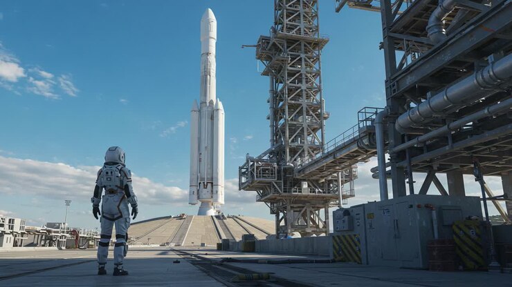 An astronaut stands in awe before a towering rocket on the launch pad, ready to embark on a journey beyond Earth, surrounded by massive structures and clear blue skies