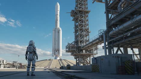 An astronaut stands in awe before a towering rocket on the launch pad, ready to embark on a journey beyond Earth, surrounded by massive structures and clear blue skies