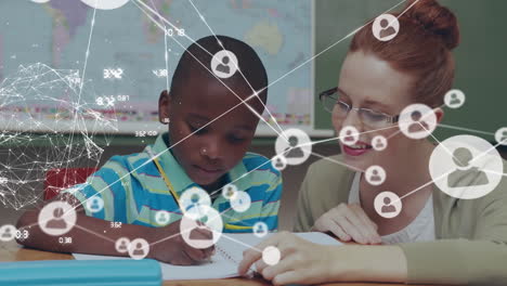 animation of kids in a classroom over data processing in the background