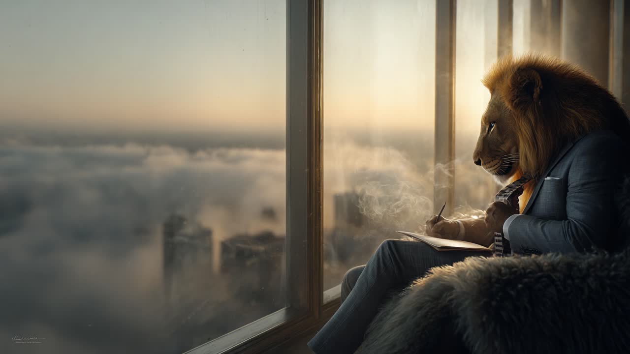 Um leão sofisticado observa uma paisagem urbana de um edifício alto, capturando a essência do luxo e da majestade enquanto escreve em um notebook durante um pôr do sol sereno