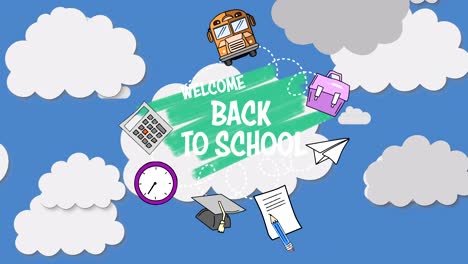 school concept icons and welcome back to school text against clouds in the sky