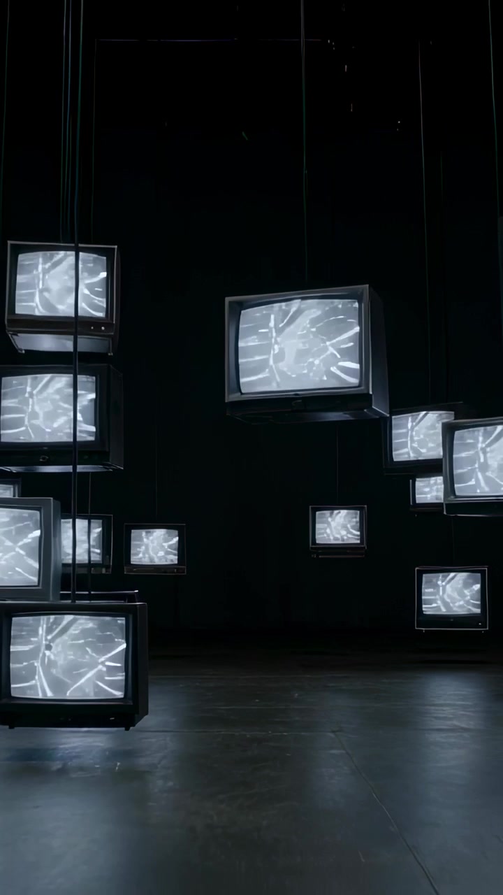 Video verticale: La telecamera si allontana rivelando TV CRT appese con cavi in una stanza buia, che mostrano opere d'arte.