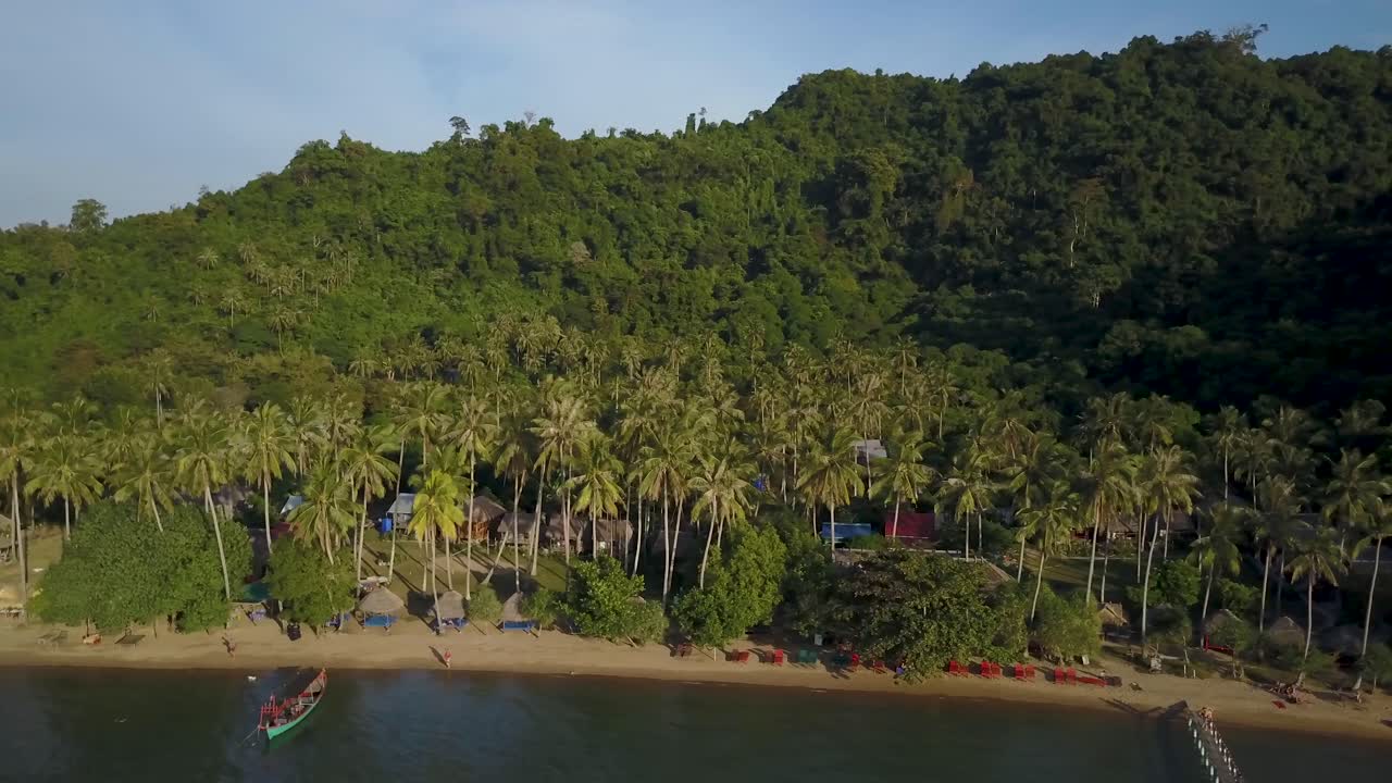 Tropical beach with palm trees and mountain backdrop