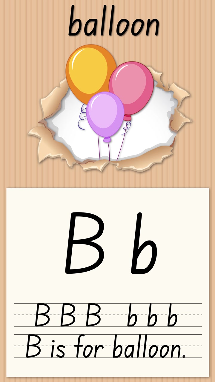 Video educativo verticale insegna la lettera B usando illustrazioni di palloncini e pratica di scrittura a mano su carta a righe.