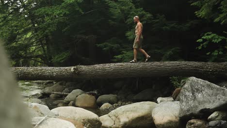 chico caminando sin camisa sobre el río en el puente del árbol caído super slomo