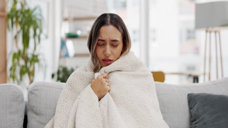 sick woman, blanket and sneeze of nose for cold