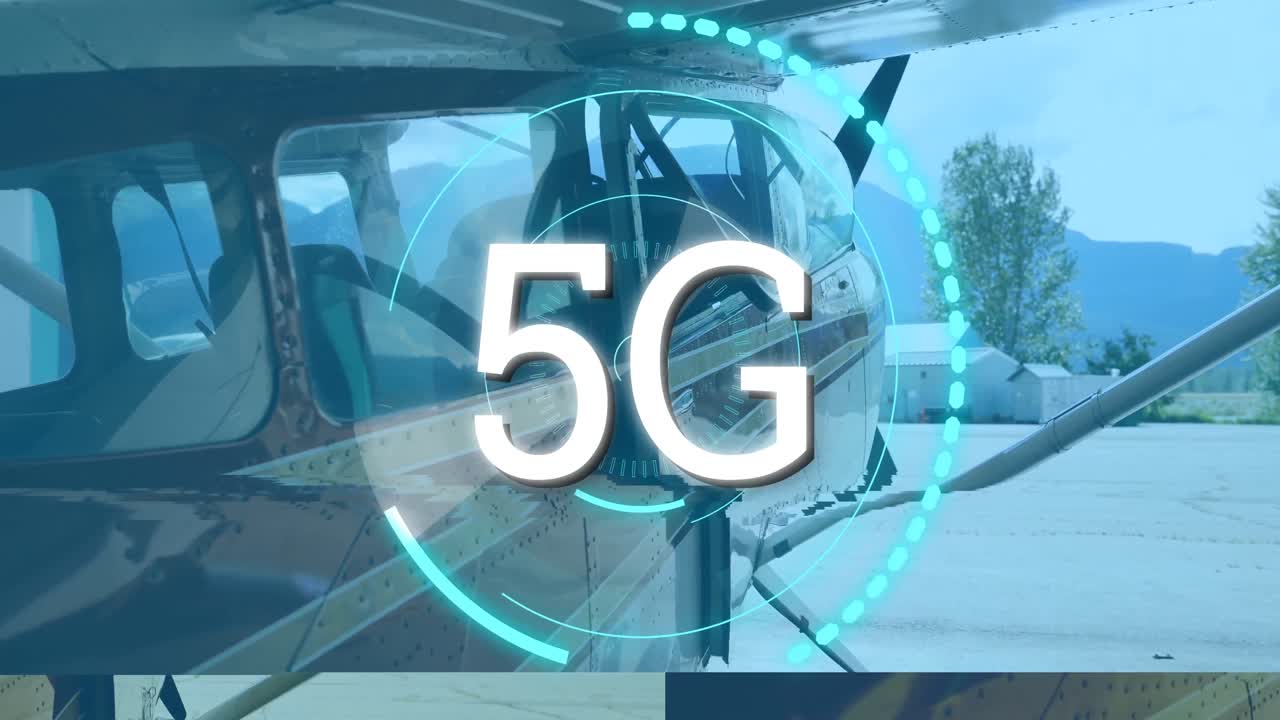 디지털 인터페이스의 비디오와 비행기 위의 5g 텍스트