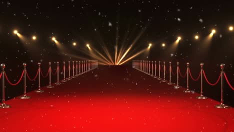 Animation-of-snow-falling-over-spot-lights-in-red-carpet-venue