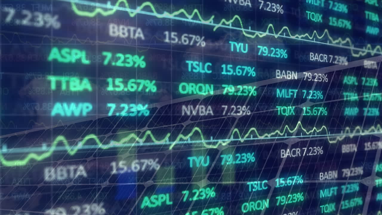 Animation of stock market data and line graph moving over solar panels