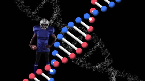 animación de adn hilado y procesamiento de datos sobre jugador de fútbol americano