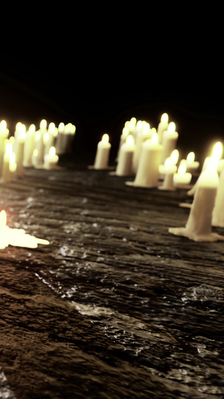 Many candles lit on a table during evening in a dark room