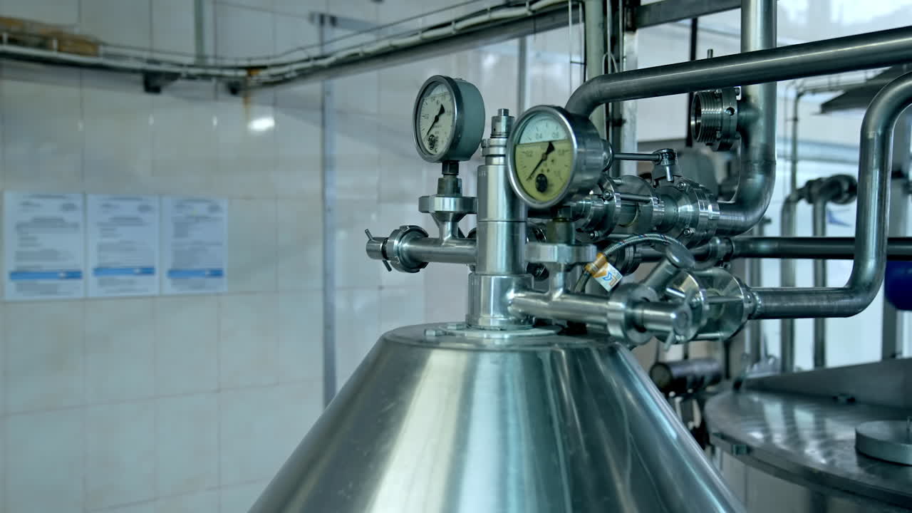 Modern milk production factory. Special appliances on a milk farm. Dairy factory industrial equipment. Factory machinery at dairy food production plant.