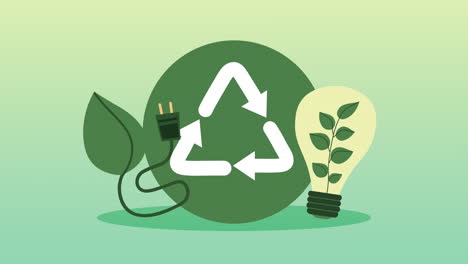 animación ecológica con flechas de bombilla y reciclaje