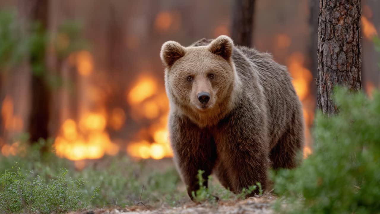 A Grizzly Bear Stands Calmly Amidst the Flickering Flames of a Wildfire, Showcasing Nature's Resilience Against Adversity in Stunning Detail