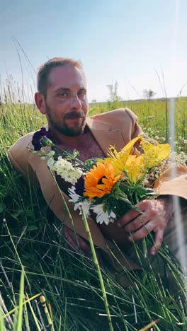 man with flowers in a field