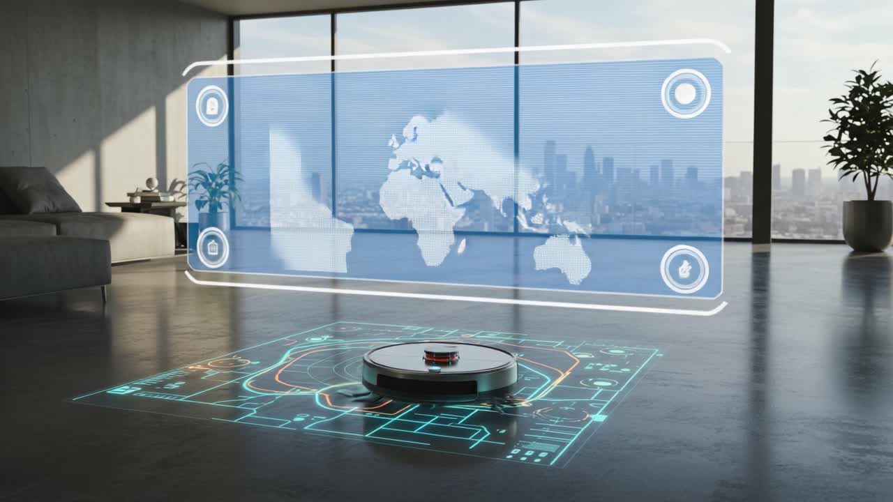 Un moderno spazio abitativo con un dispositivo robotico e un display digitale interattivo che mappa una vista della città con elementi tecnologici innovativi