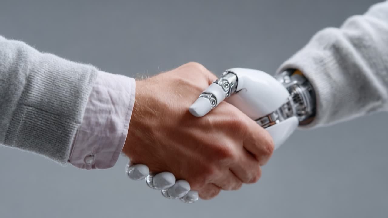 A Futuristic Encounter: Human and Robot Engage in a Handshake Signifying Collaboration and Innovation in the Era of Advanced Technology and Artificial Intelligence