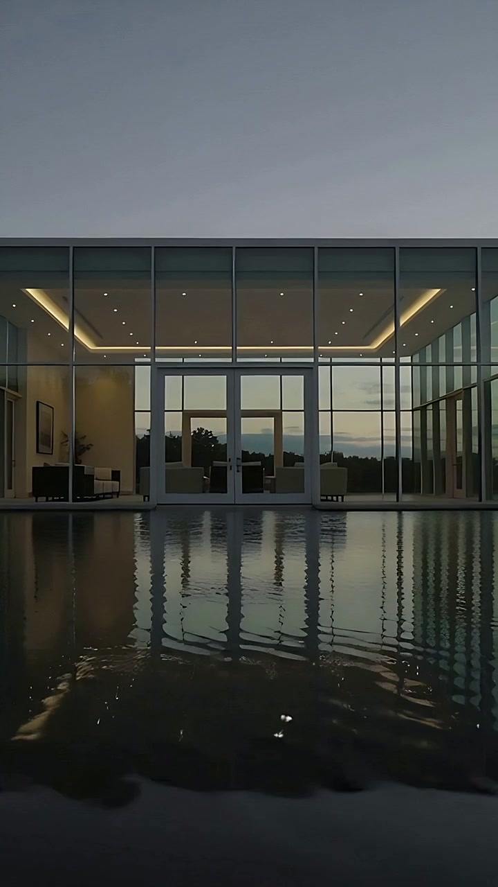 Video verticale: Disturbi che causano increspature in una piscina, con la facciata in vetro che riflette i LED distorti al crepuscolo