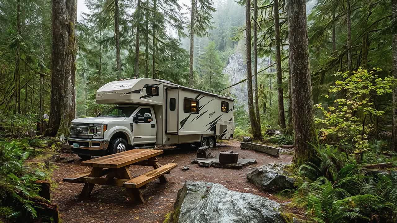 Eventyrligt fristed i naturen: En fredfyldt autocamperplads beliggende blandt frodige, grønne skove, der byder på ro, eventyr og den skønne natur.