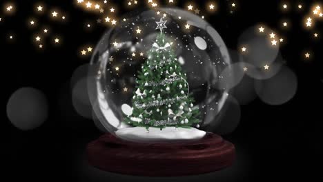 estrella fugaz alrededor de un árbol de navidad en un globo de nieve contra iconos de estrellas que caen sobre un fondo negro