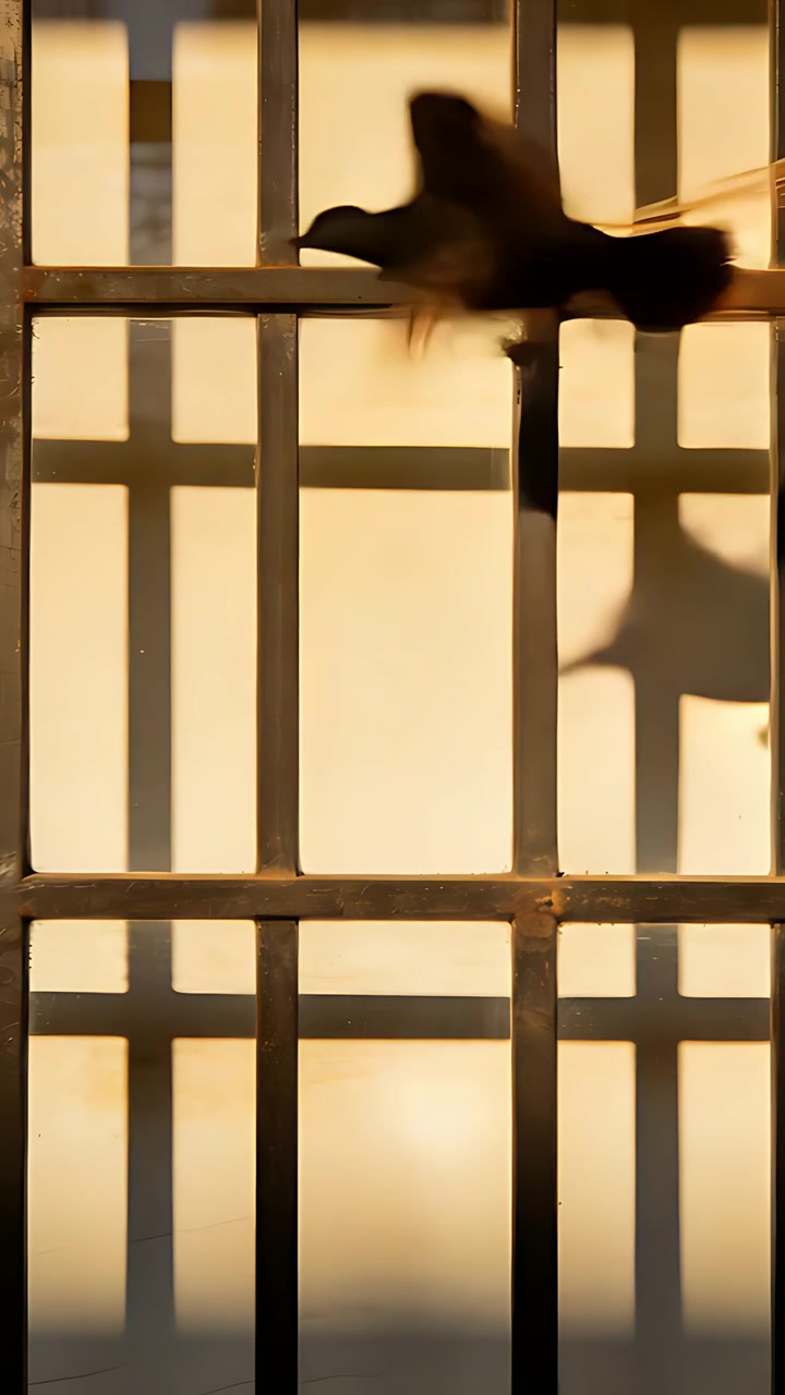 Vertical video: Reacting to right-edge motion, bird flying across metal grille, casting shadow