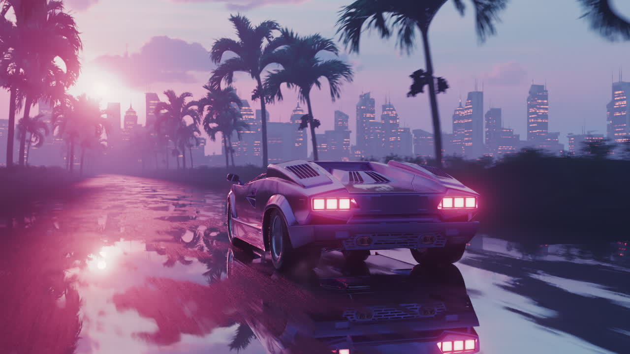 해가 지는 동안 은 아스팔트 위에서 레트로 스타일로 운전하는 루프 자동차