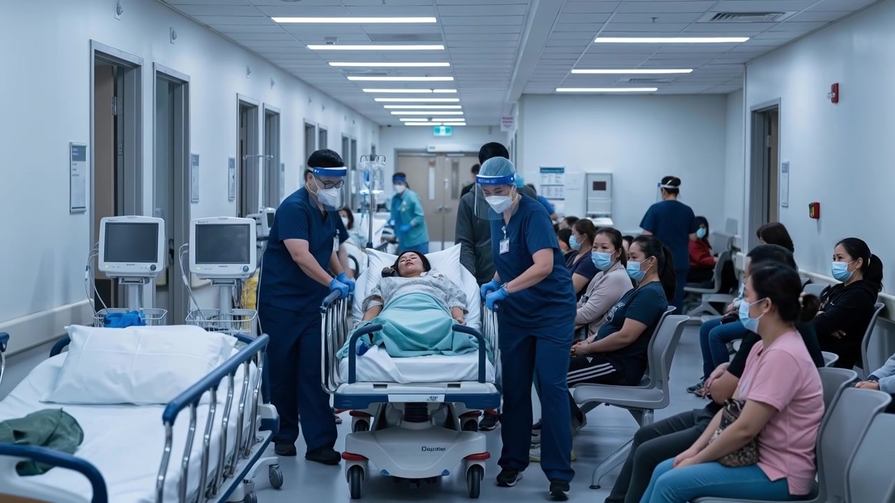 Corridoio d'ospedale affollato con personale medico che assiste i pazienti e persone in attesa in una clinica.