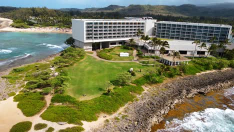 aerial drone shot of a scenic tropical beach near the turtle bay coastline