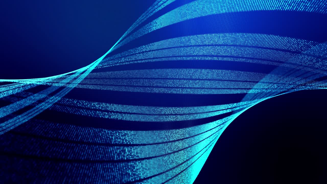 빛나는 입자의 4k 루프 추상적인 배경은 선을 형성하고 사이버 공간 또는 홀로그램에서 미래의 풍경으로 표면을 나타니다. 마이크로 월드, 나노 기술 또는 우주 공간의 공상 과학 테마.