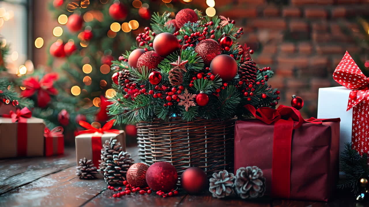 A Christmas tree with a basket of red balls and pine cones on top of it. The basket is placed on a wooden table