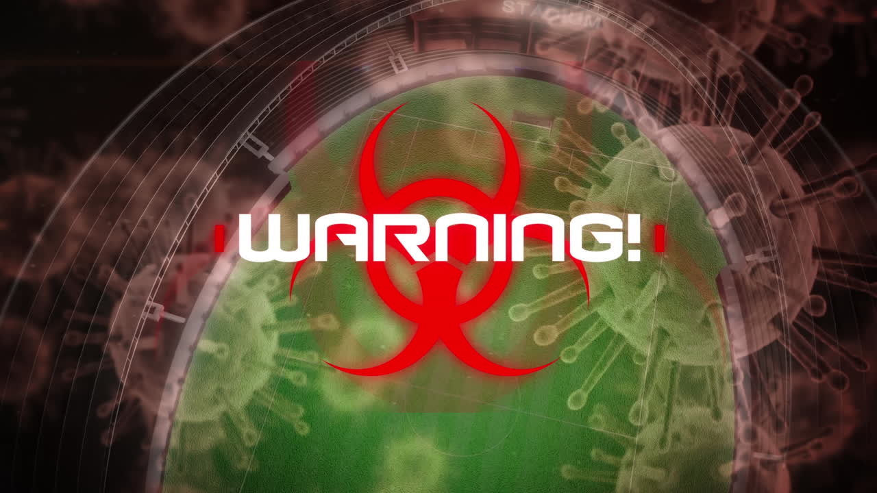 animación de la advertencia de la palabra con la propagación del coronavirus y el estadio de fútbol en el fondo