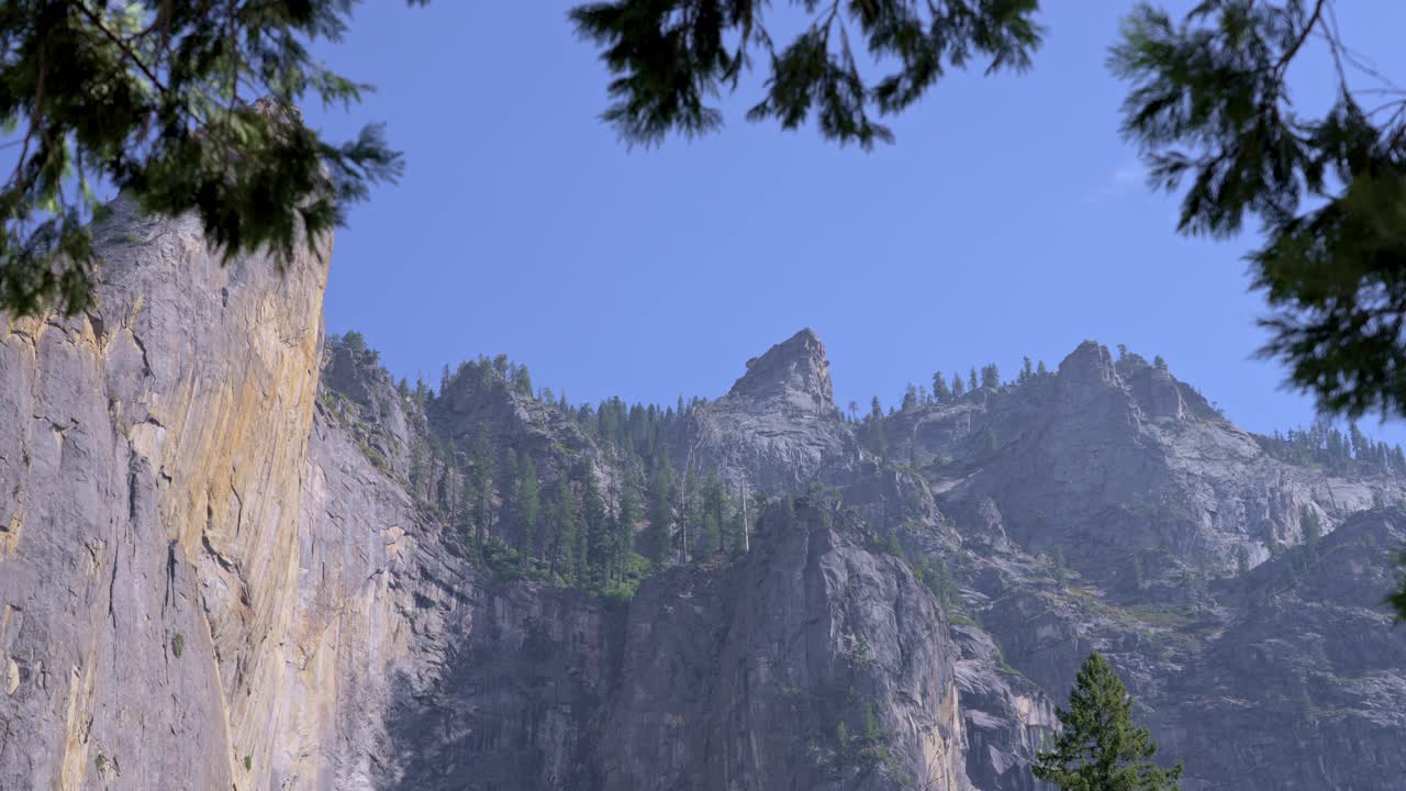 Footage of a striking granite rock formation in Yosemite National Park, California, framed naturally by tall pine trees in the foreground.