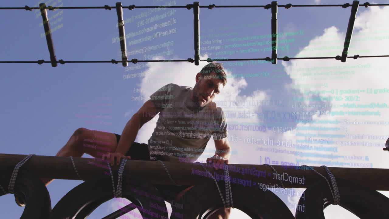 Climbing obstacle course, man with programming code animation overlay in background