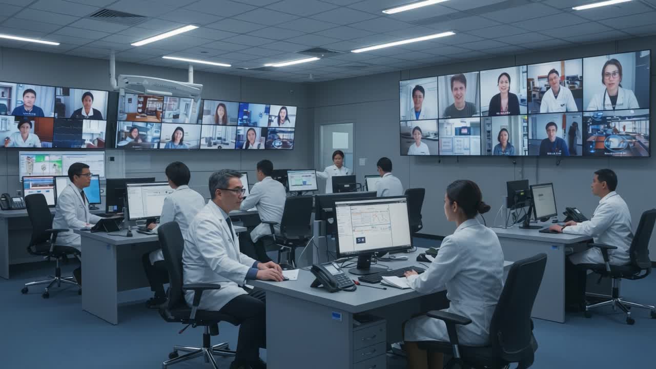 Advanced Medical Collaboration in a High-Tech Command Center Featuring Multiple Video Conferencing Displays for Remote Consultation and Real-Time Data Analysis
