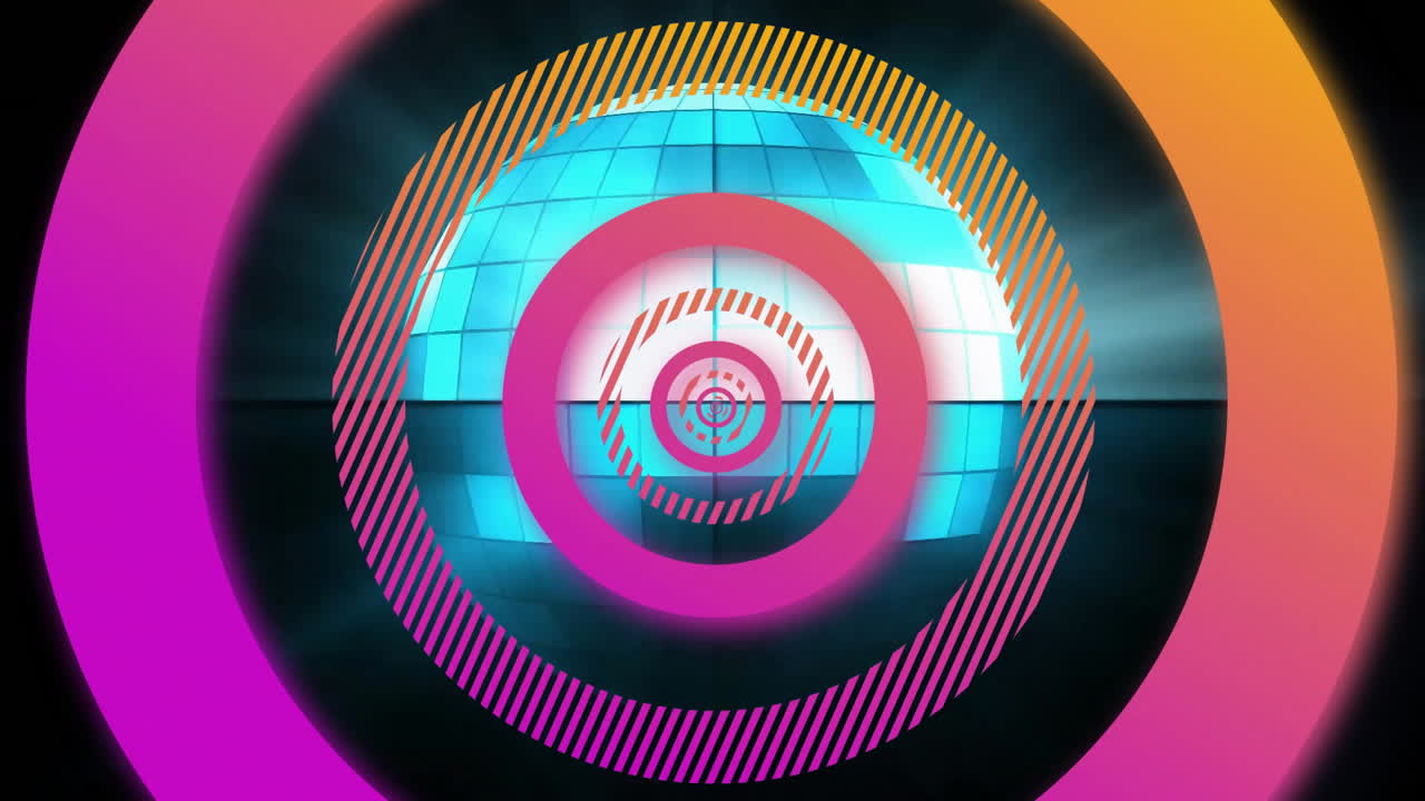 Animation of pink and orange concentric data loading rings processing over mirror ball