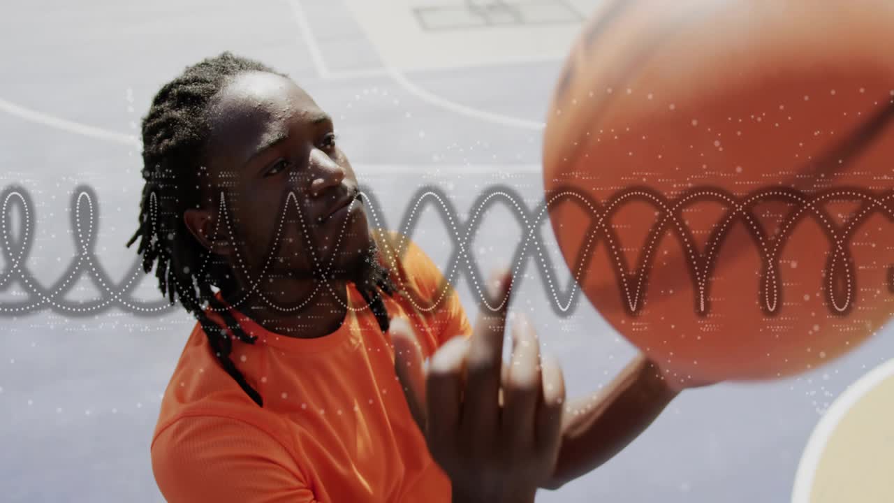 Man reaching for ball, spinning and balancing for sports drills with dotted waveform over hands