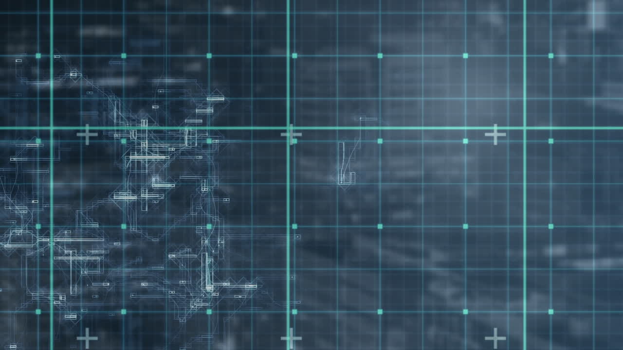 animación de una cuadrícula iluminada sobre un patrón abstracto en movimiento en el fondo.
