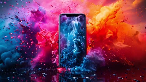 vibrant smartphone with abstract liquid splashes