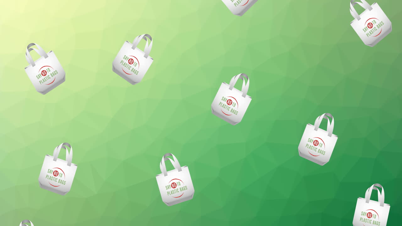 animación de múltiples bolsas de compras que caen con texto y logotipo contra las bolsas de plástico, sobre fondo verde