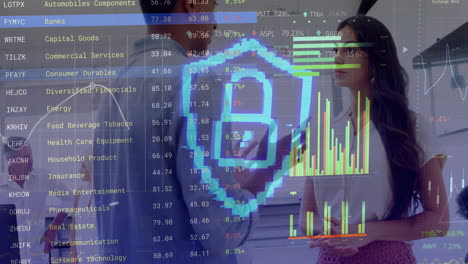 Animación-Del-Procesamiento-De-Datos-Y-Candado-Sobre-Diversos-Colegas-Hablando-En-La-Oficina