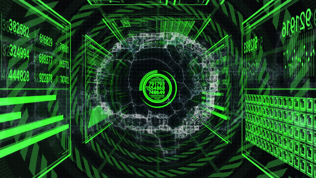 Animation of interface with data processing over spinning human brain icon on black background