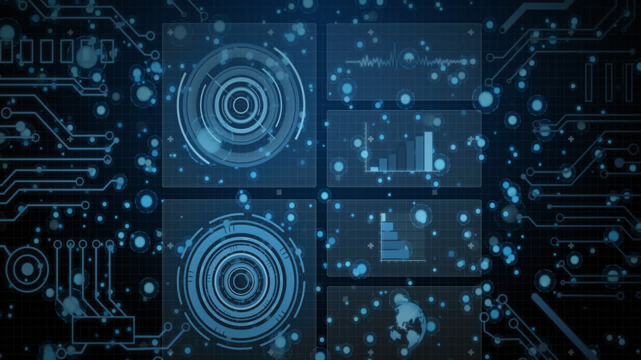 Animation of data processing with scope scanning and spots on black background