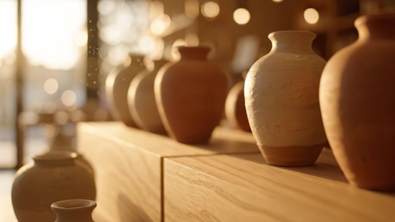 Una collezione di ceramiche artigianali esposte splendidamente su uno scaffale di legno in uno studio illuminato dal sole, che mette in mostra le forme e le texture uniche di ogni pezzo.